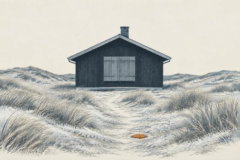 Lukket træsommerhus i klitlandskab om vinteren med skodder for vinduerne, frost på jorden og ingen røg fra skorstenen