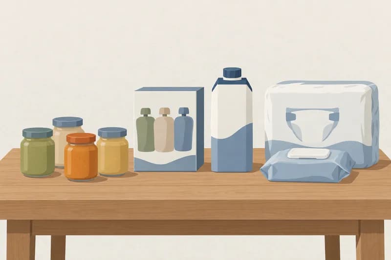 Køkkenbord med små glas med babymad, en pakke klemposer, en karton drikkeklar modermælkserstatning, en pakke bleer og en stak vådservietter