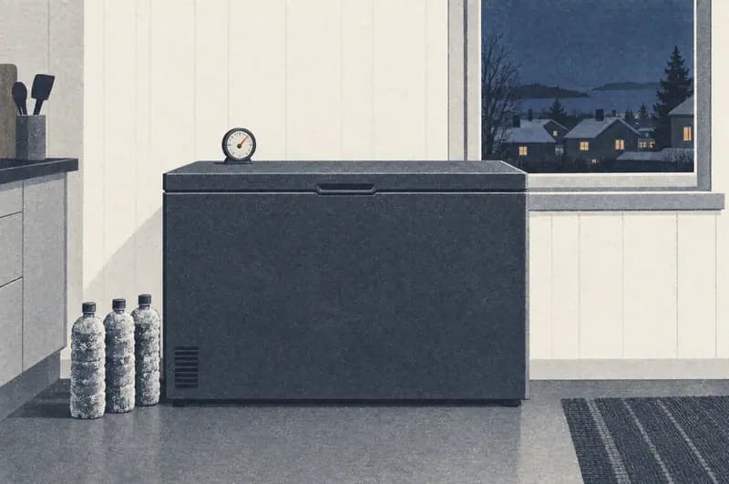 Lukket kummefryser i et køkken med et termometer på låget og frostdækkede vandflasker ved siden af