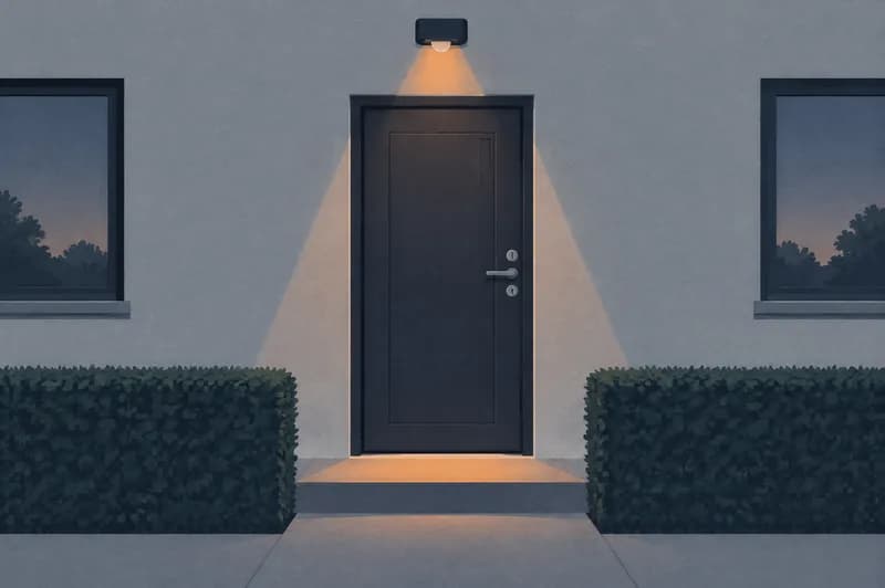 Hoveddør på et dansk hus i skumring med to låsecylindre, en sensorlampe over døren der lyser ned på trappestenen, og en lavt klippet hæk foran