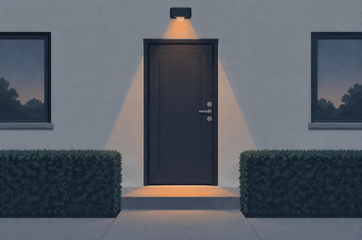 Hoveddør på et dansk hus i skumring med to låsecylindre, en sensorlampe over døren der lyser ned på trappestenen, og en lavt klippet hæk foran