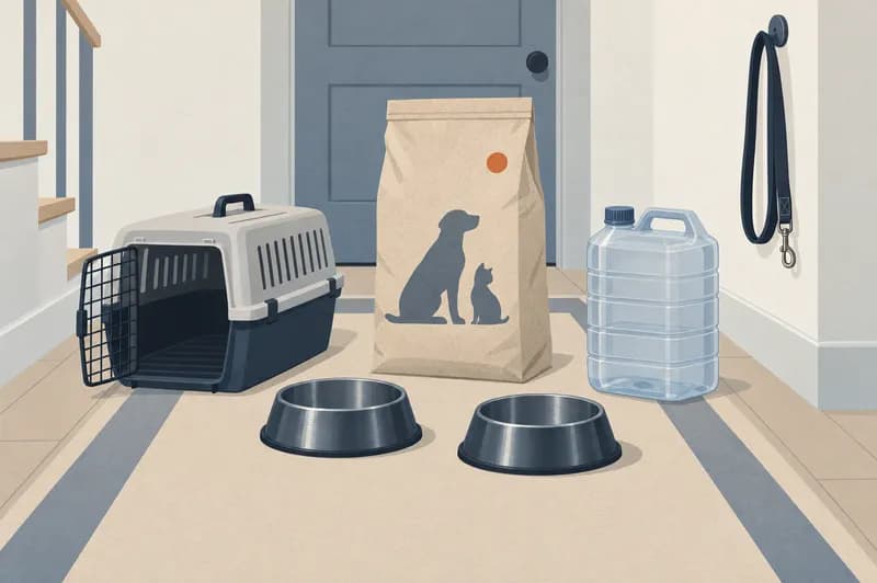 Entré med en lukket foderpose, to tomme metalskåle, en vanddunk, en hundesnor på en krog og en åben transportkasse på gulvet
