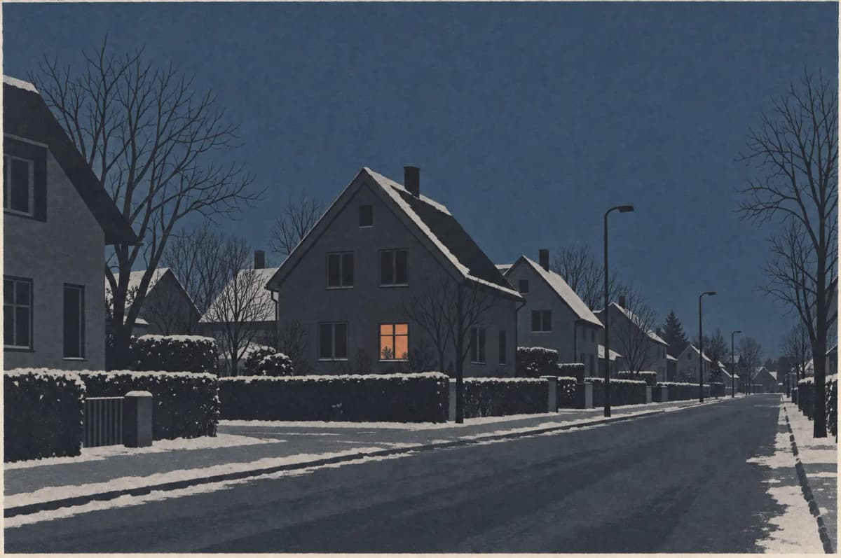 Villavej en vinteraften hvor alle huse og gadelamper er mørke på nær ét oplyst vindue