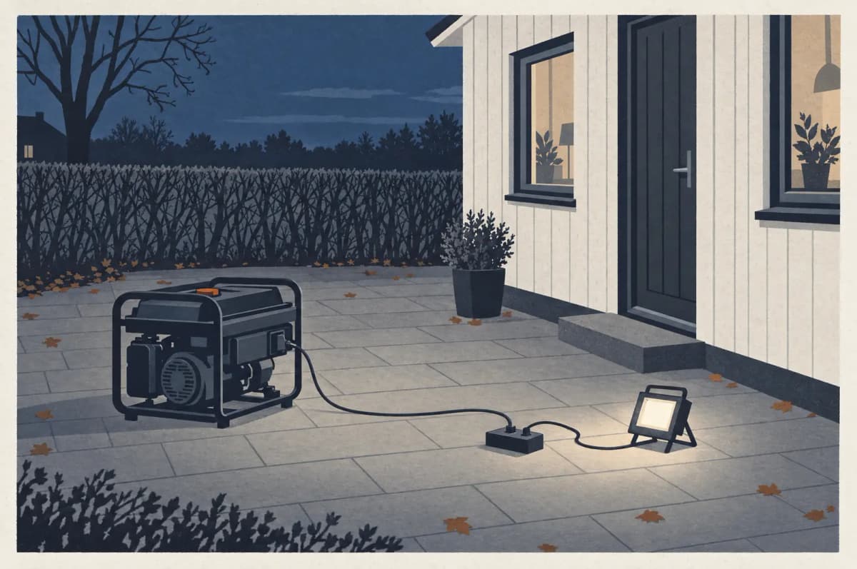 Generator på en terrasse i god afstand fra husmuren, med kabel til en løs forlængerledning og en arbejdslampe - ingen forbindelse til husets installation