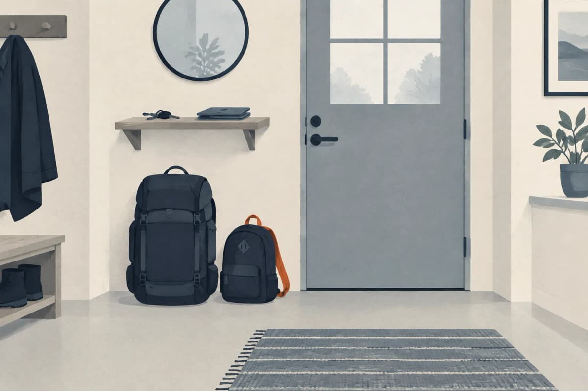 Pakket rygsæk på gulvet i en entré ved hoveddøren med nøgler og en dokumentmappe på hylden ovenover og en mindre børnerygsæk ved siden af