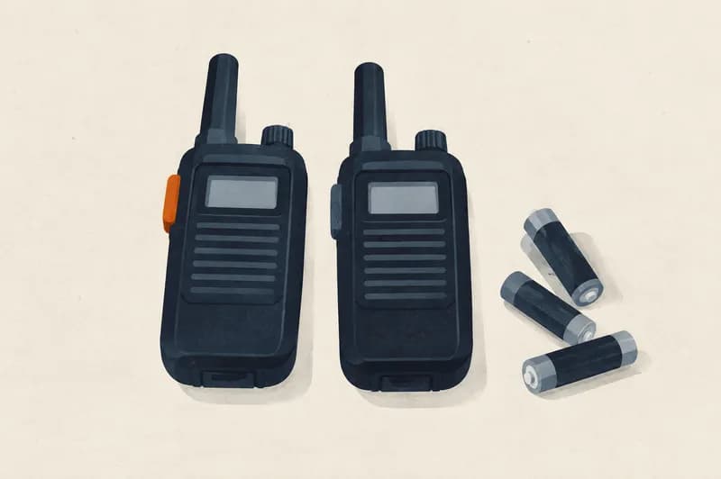 To håndholdte walkie-talkier med korte faste antenner ligger side om side på et bord med et par AA-batterier