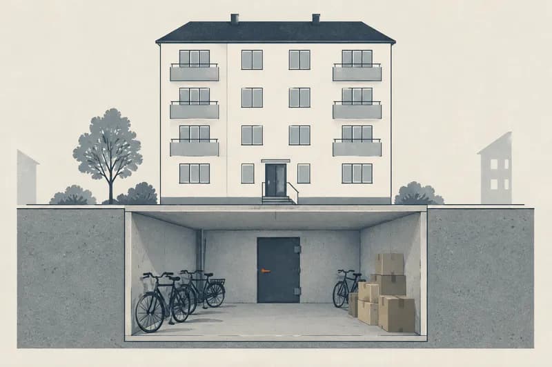 Snit gennem en etageejendom, hvor kælderen under lejlighederne er et almindeligt opbevaringsrum med cykler og flyttekasser bag en tung ståldør