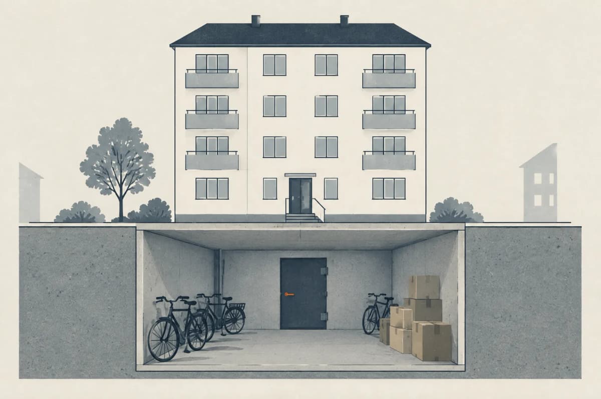 Snit gennem en etageejendom, hvor kælderen under lejlighederne er et almindeligt opbevaringsrum med cykler og flyttekasser bag en tung ståldør
