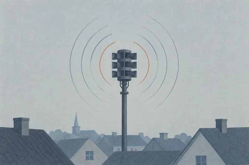 Varslingssirene med flere horn på en mast over tagene i en dansk by, med svage buer der antyder lyden