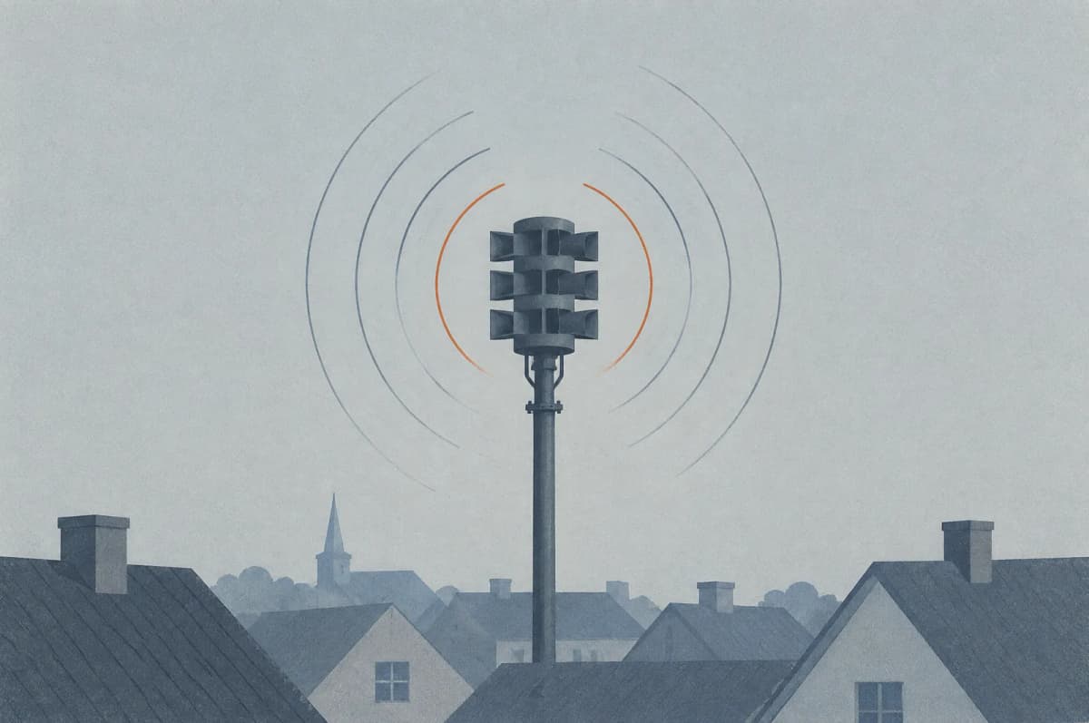 Varslingssirene med flere horn på en mast over tagene i en dansk by, med svage buer der antyder lyden
