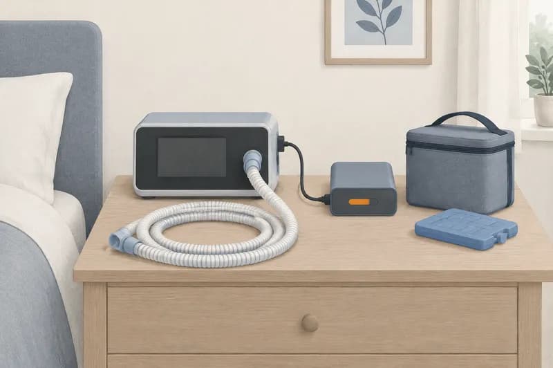 Natbord med en hjemmerespirator og slange, en ekstern batteripakke tilsluttet med kabel og en lille køletaske med fryseelement ved siden af