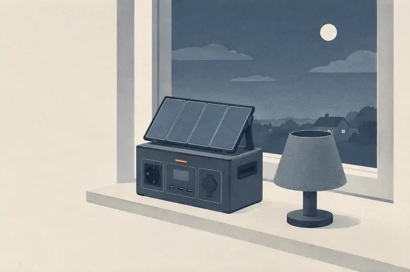 Powerstation med foldbart solpanel i en vindueskarm, slukket lampe ved siden af