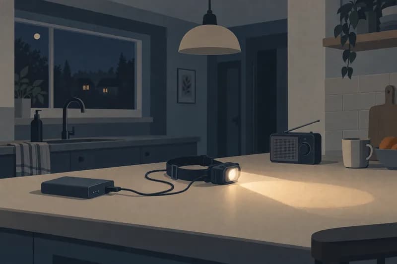 Mørkt køkken med en tændt pandelampe på bordet, en powerbank med kabel og en batteriradio ved siden af en slukket lampe