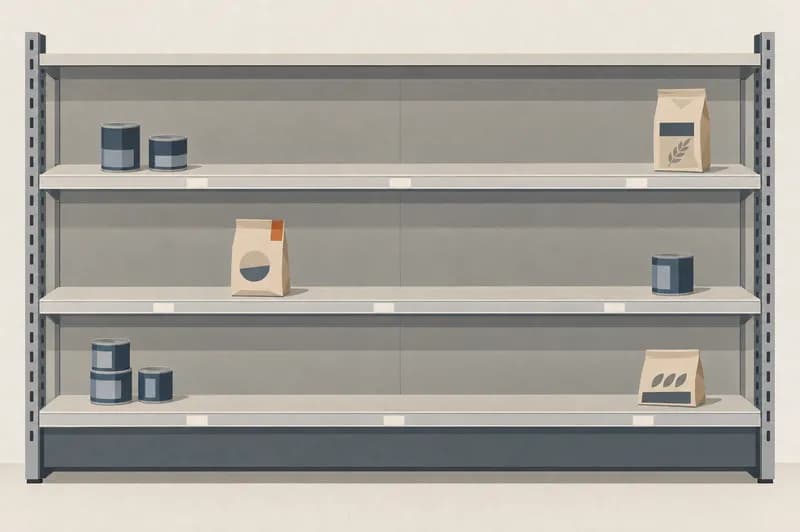 Supermarkedshylde med store tomme felter mellem enkelte tilbageblevne dåser og pakker