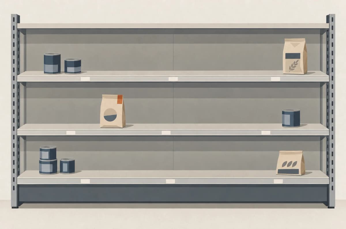 Supermarkedshylde med store tomme felter mellem enkelte tilbageblevne dåser og pakker