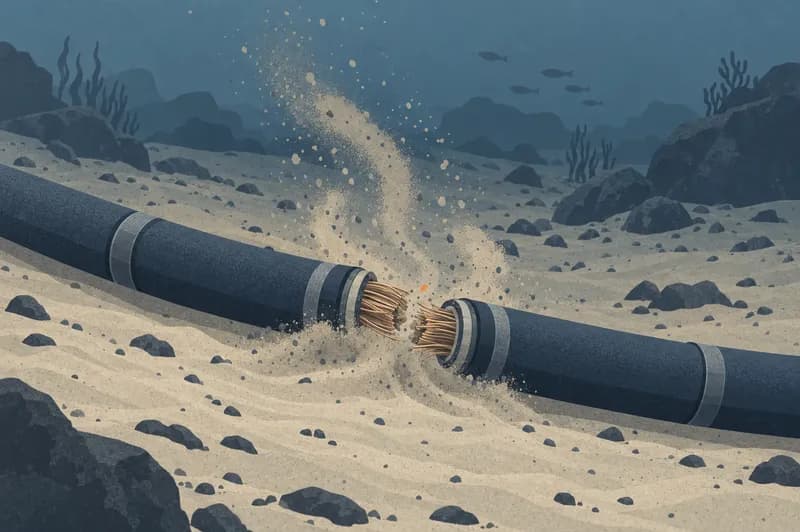Klippet undersøisk kabel på havbunden med enderne trukket fra hinanden og sand hvirvlet op omkring
