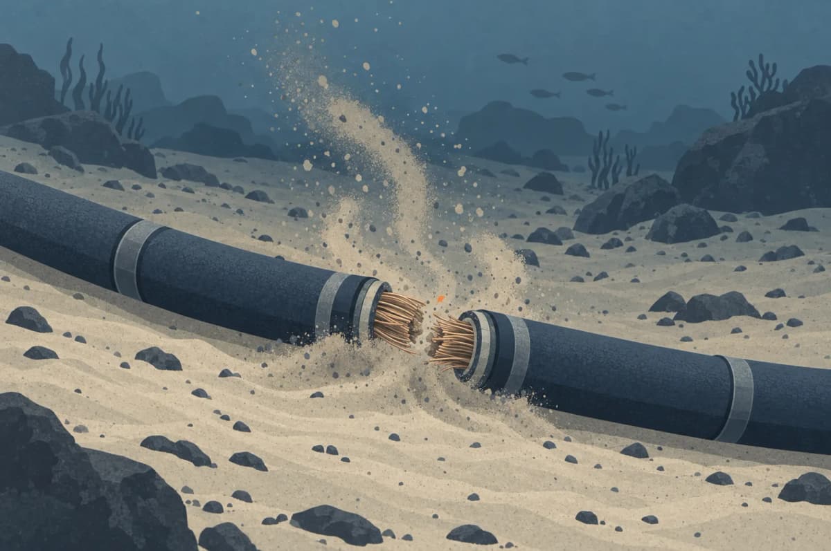 Klippet undersøisk kabel på havbunden med enderne trukket fra hinanden og sand hvirvlet op omkring