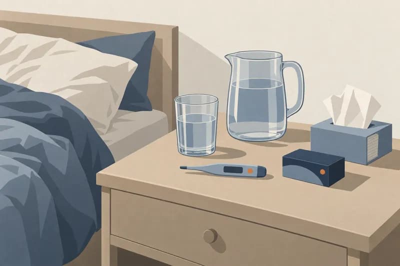 Sengebord med en kande vand, et glas, et digitalt termometer, en æske håndkøbsmedicin og en pakke lommetørklæder