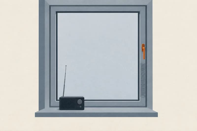Lukket vindue set indefra med det orange greb drejet nedad i låst stilling, en lukket ventilationsrist ved siden af og en batteriradio i vindueskarmen