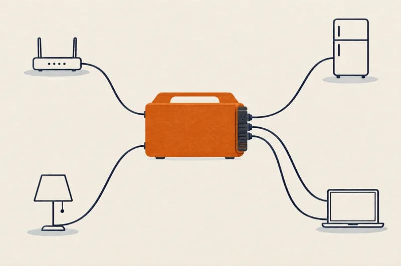 Orange powerstation set fra siden med fire kabler, der går ud til en router, en bordlampe, en bærbar computer og et køleskab tegnet som enkle konturer