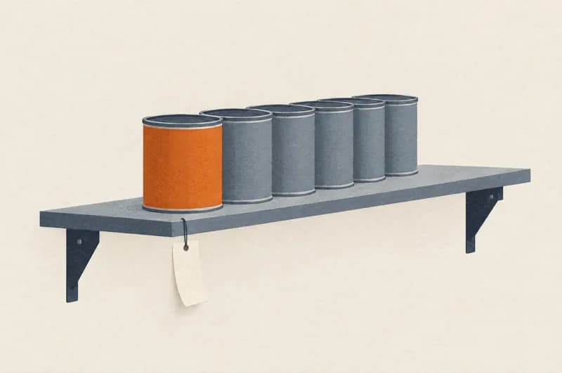 Hylde set fra siden med en dyb række ens dåser stillet op bag hinanden, hvor den forreste er orange og de øvrige gråblå, og et blankt papirmærke hænger fra hyldekanten