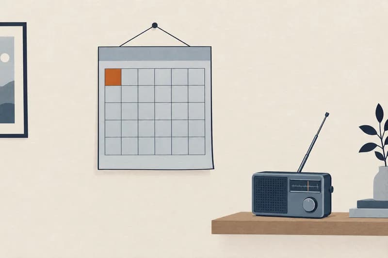Vægkalender med et tomt rudenet, hvor én rude i øverste række er fyldt orange, og på en hylde ved siden af står en batteriradio med udtrukket antenne