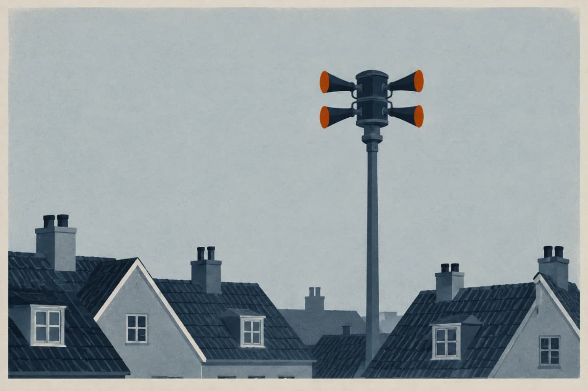 Varslingssirene med fire horn på en høj mast, set over en række danske tegltage og skorstene mod en gråblå himmel