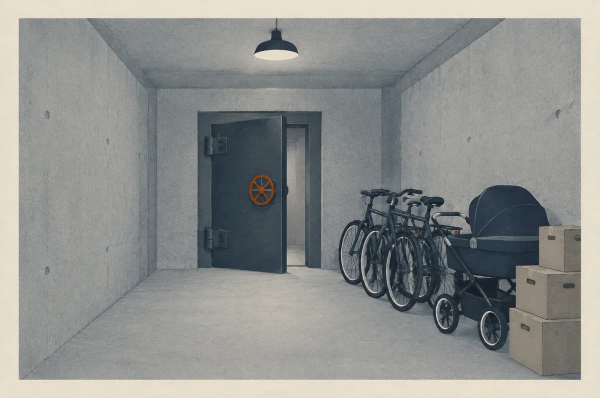 Kældergang i beton med en tung ståldør på klem og et orange låsehjul, og foran den fire cykler, en barnevogn og stablede flyttekasser under et enkelt loftslys
