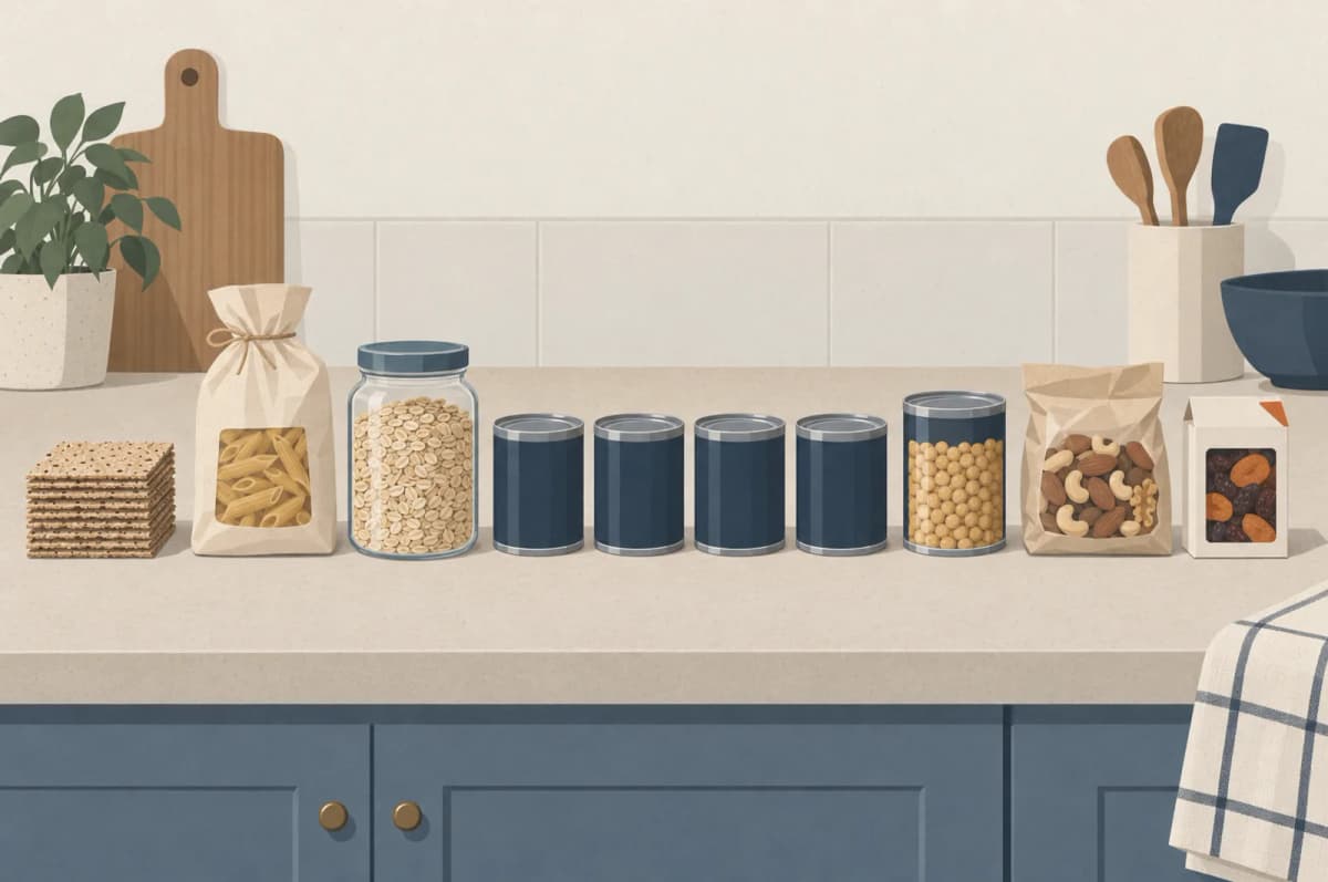 Køkkenbord med et lager til tre døgn lagt frem på række: knækbrød, en pose pasta, et glas havregryn, fire dåser, en dåse bælgfrugter, nødder og tørret frugt