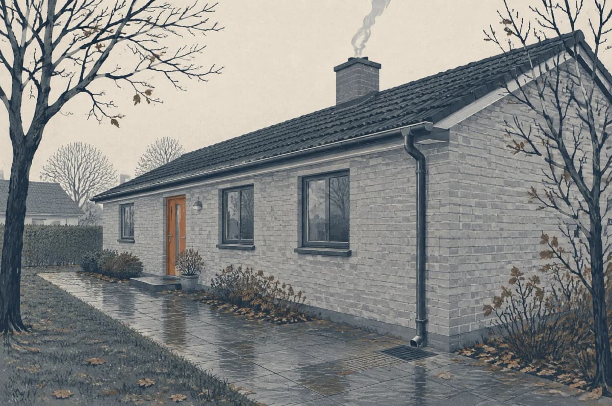 Dansk murstenshus set fra haven om efteråret med tagrende og nedløbsrør langs muren, en afløbsrist i belægningen og røg fra skorstenen