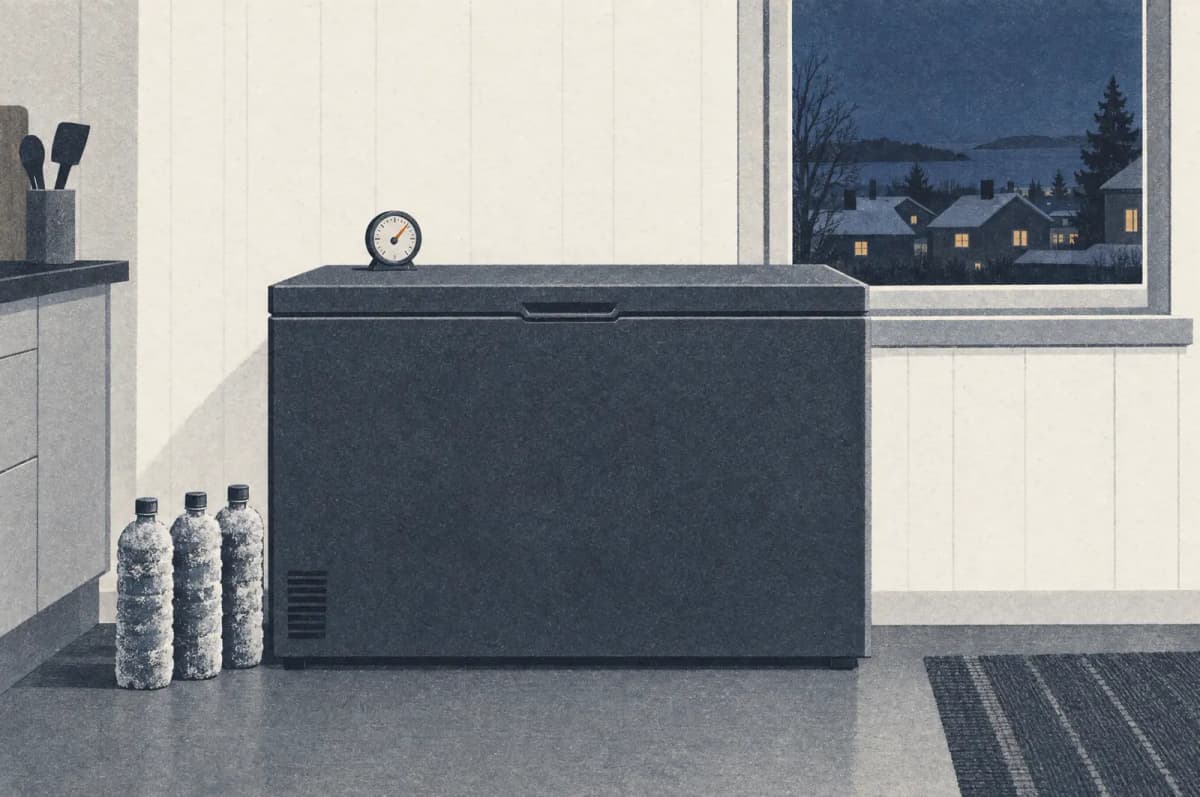Lukket kummefryser i et køkken med et termometer på låget og frostdækkede vandflasker ved siden af