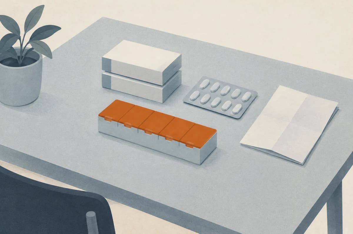 Køkkenbord med en doseringsæske med rum til ugens medicin, to blanke medicinæsker, en blisterstrip og et foldet ark papir