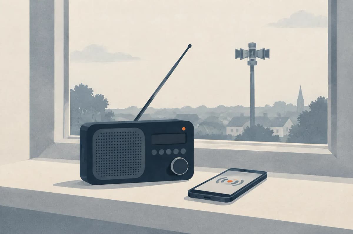Batteriradio med antenne og en telefon med varselssymbol, sirene i baggrunden