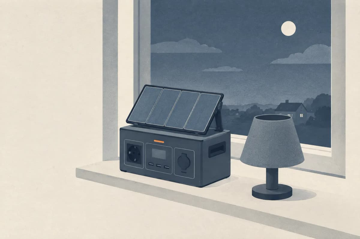 Powerstation med foldbart solpanel i en vindueskarm, slukket lampe ved siden af