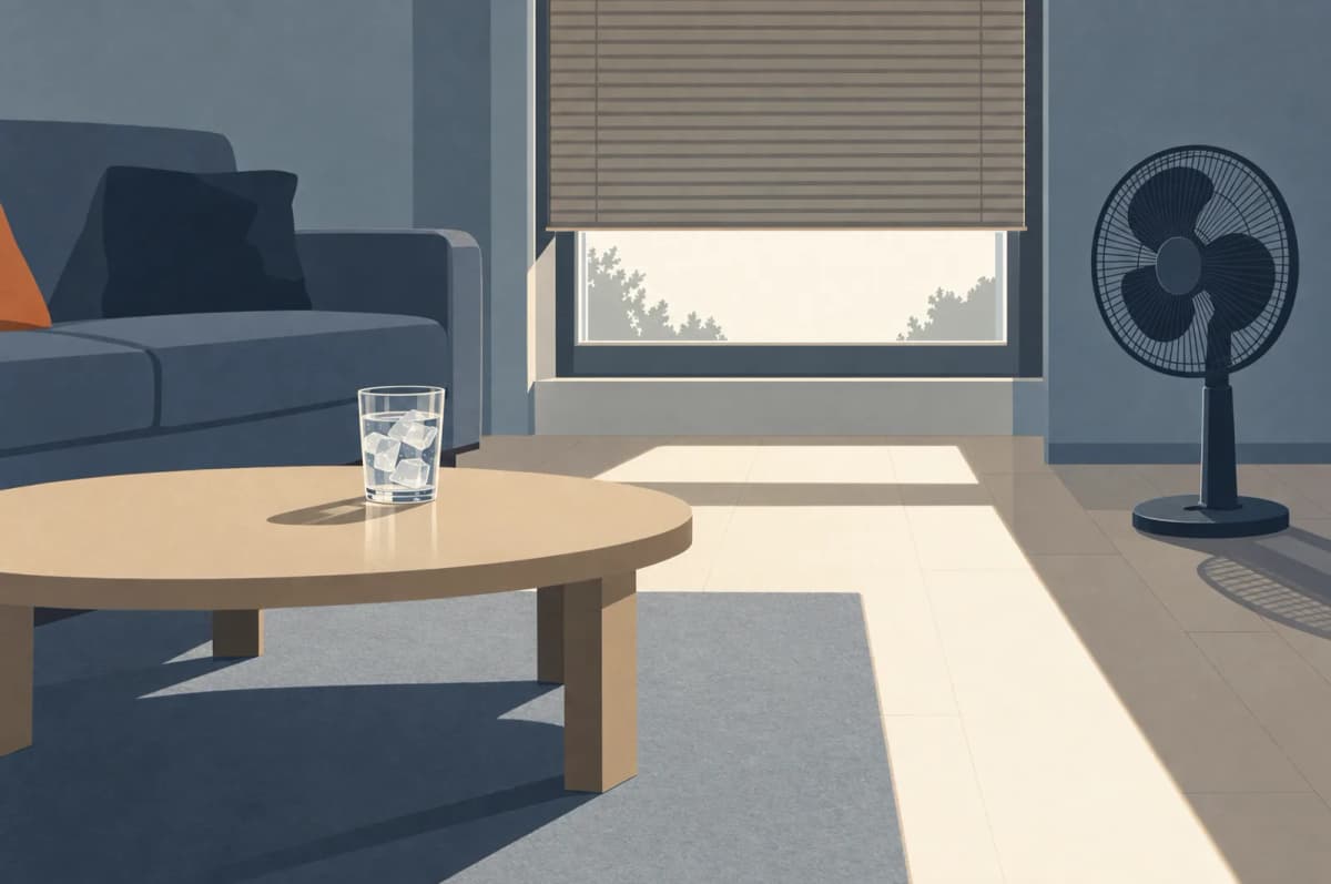 Stue i skarpt sommerlys med persiennen trukket halvt ned, et glas isvand på sofabordet og en ventilator på gulvet