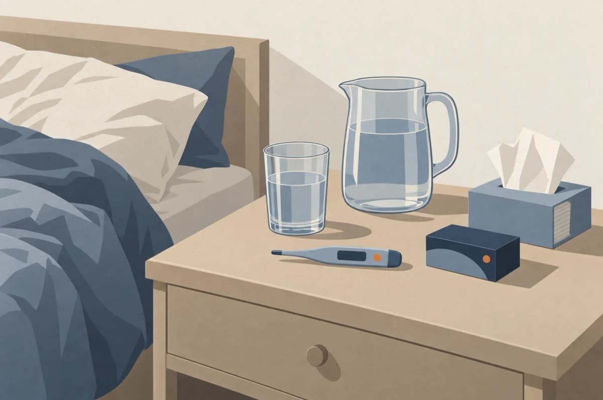 Sengebord med en kande vand, et glas, et digitalt termometer, en æske håndkøbsmedicin og en pakke lommetørklæder