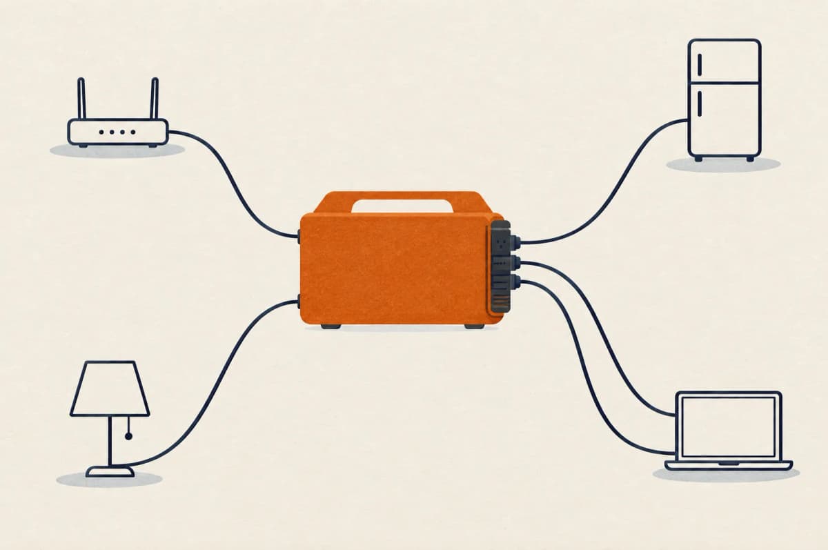 Orange powerstation set fra siden med fire kabler, der går ud til en router, en bordlampe, en bærbar computer og et køleskab tegnet som enkle konturer